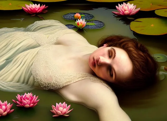 Image similar to 8K, soft light, warm volumetric lighting, highly detailed, brit marling style 3/4 ,view from above of close-up portrait photo of a beautiful woman how pre-Raphaelites painter, face is emerging of a pond with beautiful water lilies, she has a beautiful lace dress and hair are intricate with highly detailed realistic beautiful flowers , Realistic, Refined, Highly Detailed, natural outdoor soft pastel lighting colors scheme, faded colors, outdoor fine art photography, Hyper realistic, photo realistic,warm lighting,