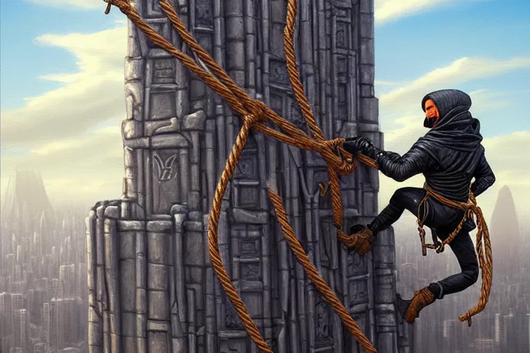 Image similar to landscape painting of a hooded thief in leathers using a rope to climb a tall building with a fantasy city, fine details, magali villeneuve, artgerm, rutkowski