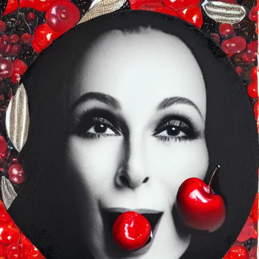 Image similar to the red fruit cherry, collage with the face of cher on it