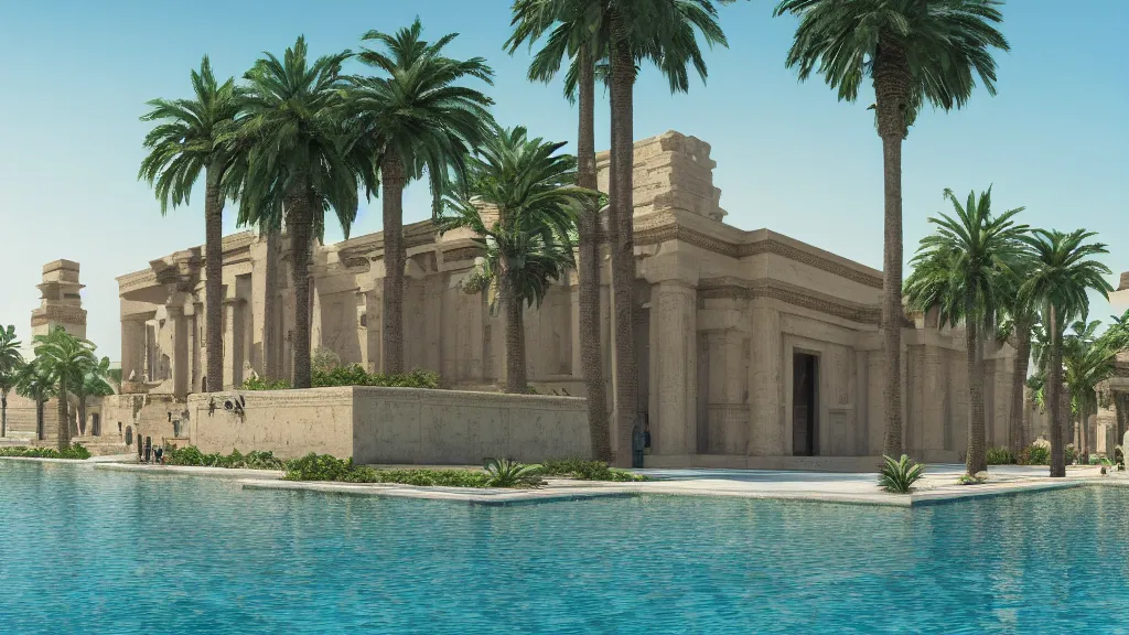 Image similar to a photograph of the front of a new egyptian palace, with a small pool in front, exterior view, close - up, mid - day, palm trees and lush vegetation, hieroglyphs on the buildings, ray - traced reflections of the buildings and trees in the water