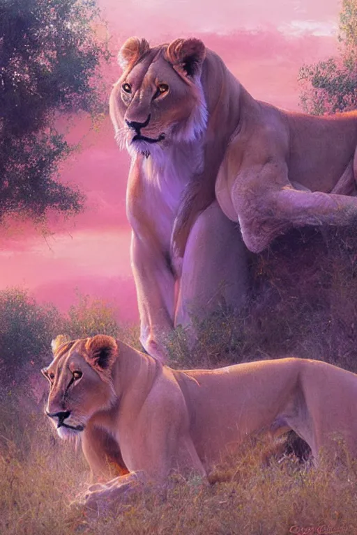 Image similar to spiritual twin flame lioness art pink sunset hue highly detailed oil painting hue by craig mullins