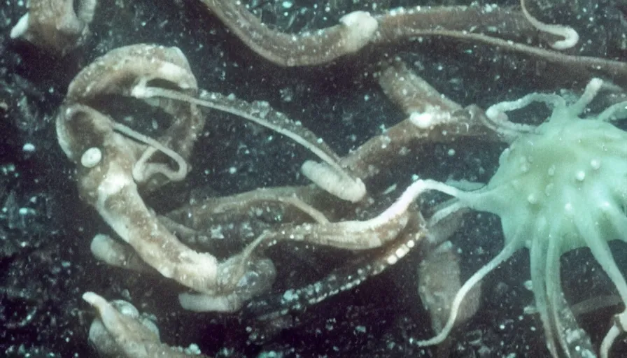 Image similar to Big budget horror movie, scientist looks at squid