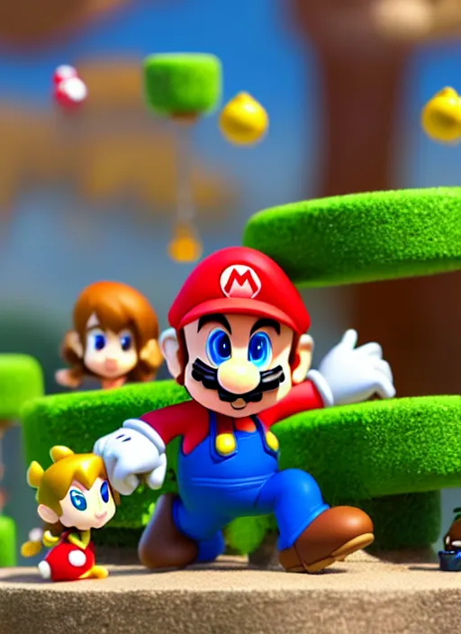 Image similar to super mario as nendoroid, jumping in mushroom kingdom in the croods movie style, anime, disney, pixar, 8 k, hd, dof, kodak film, volumetric lighting, subsurface scattering, photorealistic, octane render, details