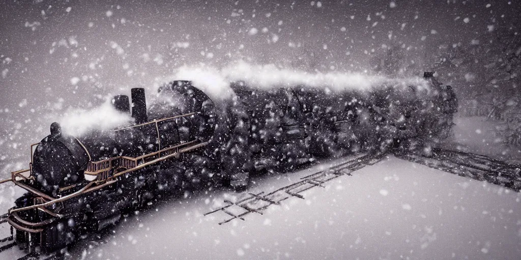 Prompt: a high detail photograph of a heavy steam train in the snow under a blizzard, realism, 4 k, award winning photograph, octane render, bloom, night, fog, high details