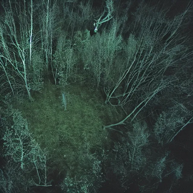 Image similar to bloody wendigo in forest at night, night vision, shot from drone, grainy