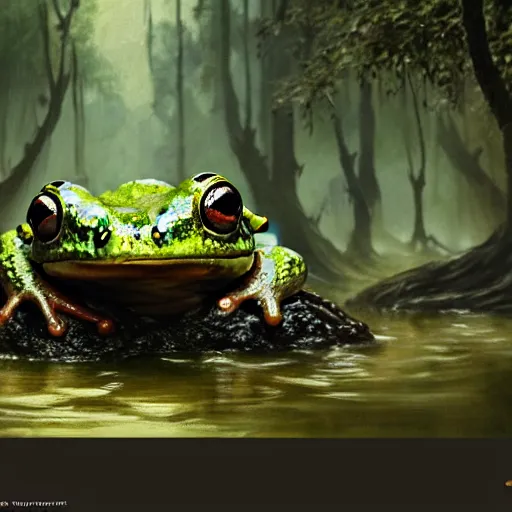 Image similar to giant monster frog in swamp, artwork by greg rutkowski, trending on art station, magic the gathering, 4 k, matte painting