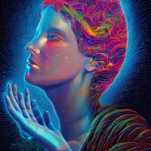 Image similar to beautiful portrait of elation, intelligence, spatial space deformation in latent space, math art, astral plane, key light, by artgerm and dan mumford and gustave dore