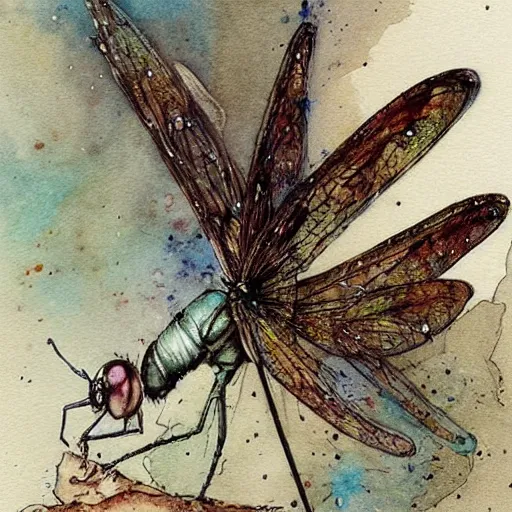 Prompt: a fairy riding a dragonfly, muted color, watercolor ink illustration, painterly, splatters, detailed, by jean - baptiste monge, by alan lee