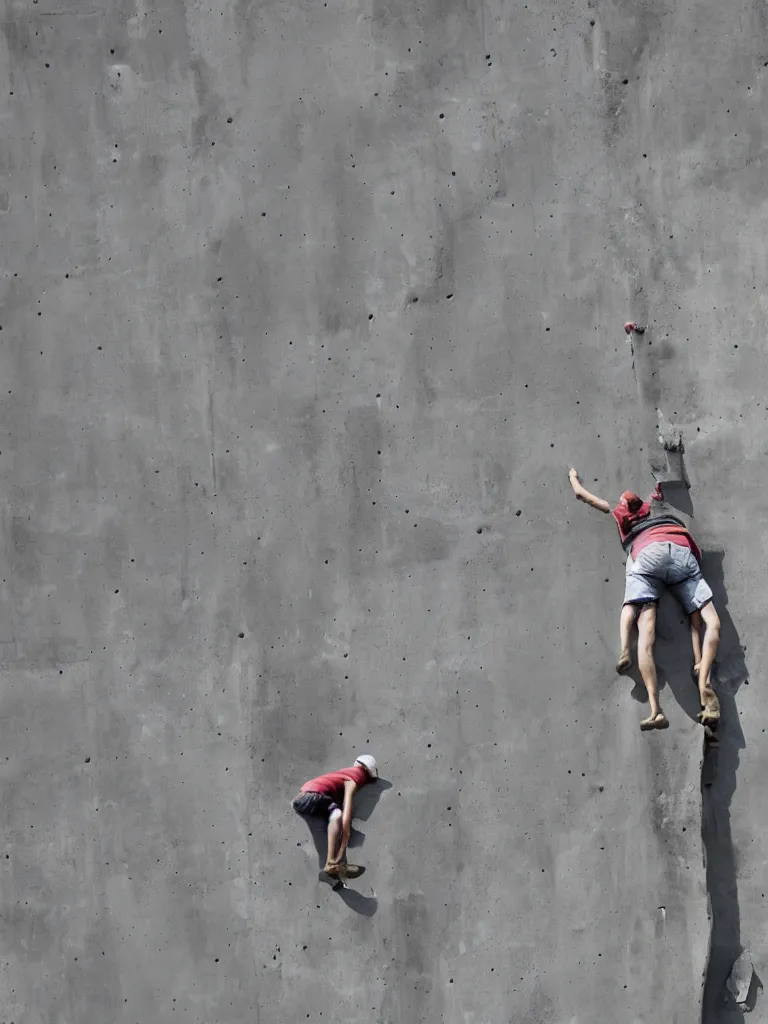 Image similar to man made of clay climbing on giant concrete straight ledge
