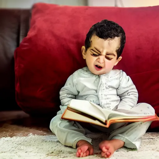 Image similar to arabic baby with a beard crying reading a book