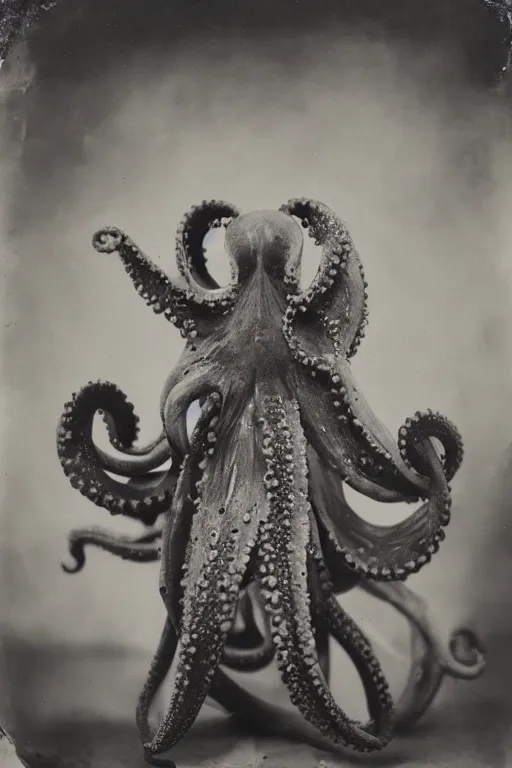 Prompt: a wet plate photo of an anthropomorphic octopus dressed as pope