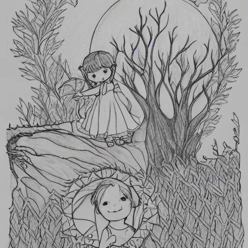 Image similar to a beautiful pencil on paper line illustration of a little girl and her dragon sitting on a hill, watching the sunset. Intricated details, flowers, trees, beautiful line work