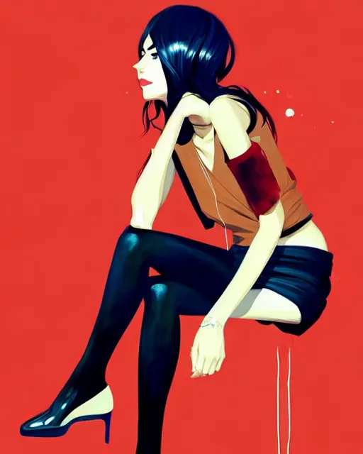 Image similar to a ultradetailed beautiful painting of a stylish woman sitting on a couch, by conrad roset, greg rutkowski and makoto shinkai trending on artstation