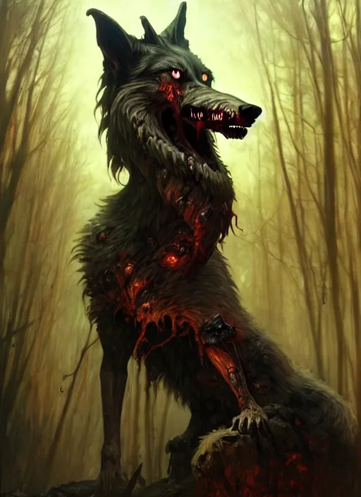 Image similar to a giant zombie wolf, diffuse lighting, fantasy, intricate, elegant, highly detailed, lifelike, photorealistic, digital painting, artstation, illustration, concept art, smooth, sharp focus, art by john collier and albert aublet and krenz cushart and artem demura and alphonse mucha