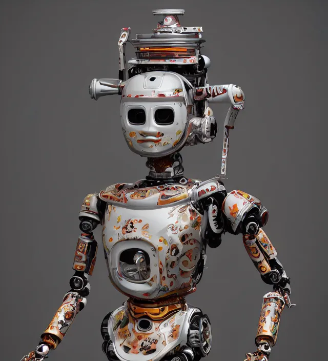 Image similar to full body portrait of a highly advanced organic robot with a porcelain japanese geisha face mask with kanji tattoos and decals, japanese model, octane render, intricate details, ultra realistic