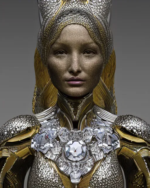 Image similar to a highly detailed metahuman 4 k close up render of an alien goddess bella hadid monument in iris van herpen dress armor schiaparelli in diamonds crystals swarovski and jewelry iridescent in style of alphonse mucha gustav klimt trending on artstation made in unreal engine 4