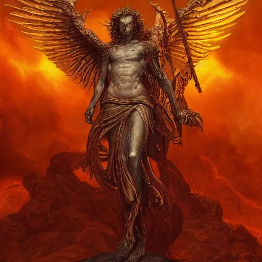 Image similar to photorealistic biblically accurate demonic archangel the style of michael whelan and gustave dore. hyperdetailed photorealism, 1 0 8 megapixels, amazing depth, glowing rich colors, powerful imagery, psychedelic overtones, 3 d finalrender, 3 d shading, cinematic lighting, artstation concept art