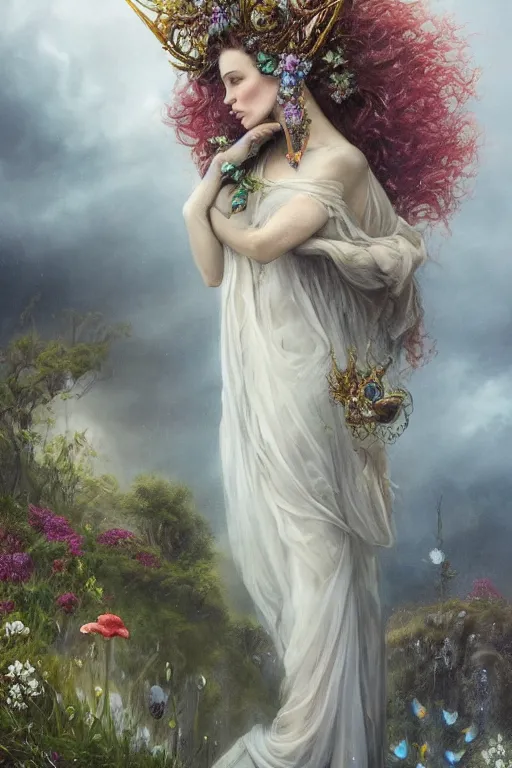 Image similar to fine art photo of the beauty goddess catriona balfe, she is wearing a mystical long gown she has a crown of stunning flowers and gemstones, background full of stormy clouds, by peter mohrbacher