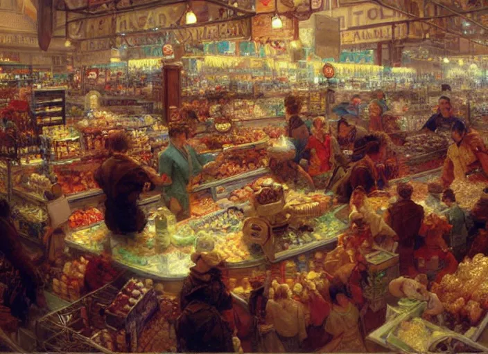 Prompt: a crowded super market, highly detailed painting by gaston bussiere, craig mullins, j. c. leyendecker