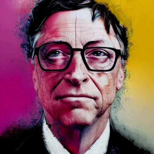 Prompt: bill gates by cy Twombly and BASTIEN LECOUFFE DEHARME, pink and yellow, iridescent, volumetric lighting