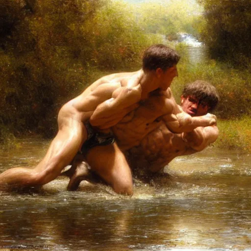 Prompt: young shepherds wrestling by a river, playful, male, muscular, detailed face, gorgeous, amazing, muscular, intricate, highly detailed, painting by Gaston Bussiere, Craig Mullins