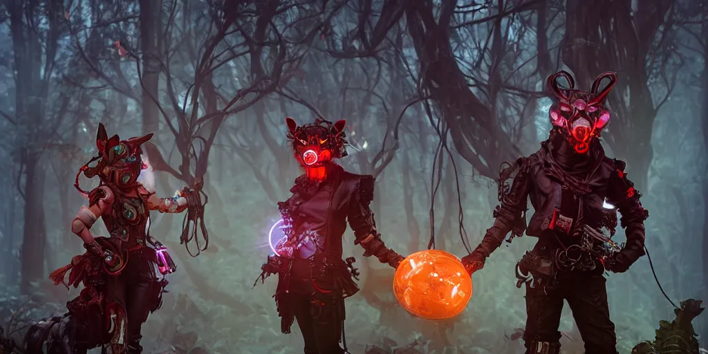 Prompt: red ridding hood and gamemaster unit hunting for mystical forest monster and wearing a steampunk and neonpunk mechanical fluorescent mystical animal mask. realism fornite style. full body, product introduction photos. luminescent, elements, by tooth wu and wlop and beeple and greg rutkowski, epic cinematic shot, perfectly defined features, ambient occlusion