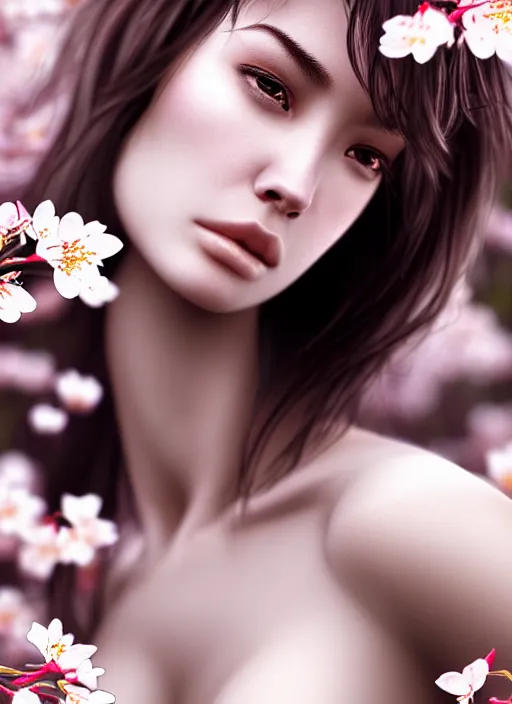 Image similar to photo of a gorgeous female with messy hair in the style of stefan kostic, realistic, body shot, sharp focus, 8 k high definition, insanely detailed, intricate, elegant, art by stanley lau and artgerm, cherry blossoms