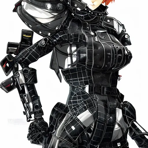 Image similar to girl wearing full suit of retro techwear armor, intricate armor design, shigenori soejima illustration, heavy lineart, oil on canvas