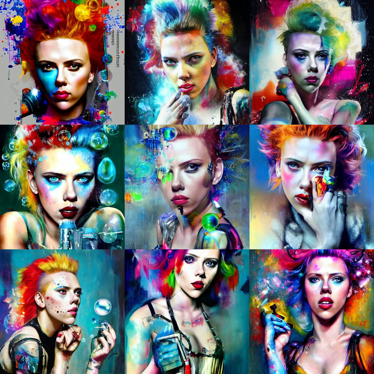 Prompt: scarlett johansson as delirium from sandman, ( hallucinating colorful soap bubbles ), by jeremy mann, by sandra chevrier and jean giraud and richard avedon, punk rock, tank girl, high detailed, 8 k