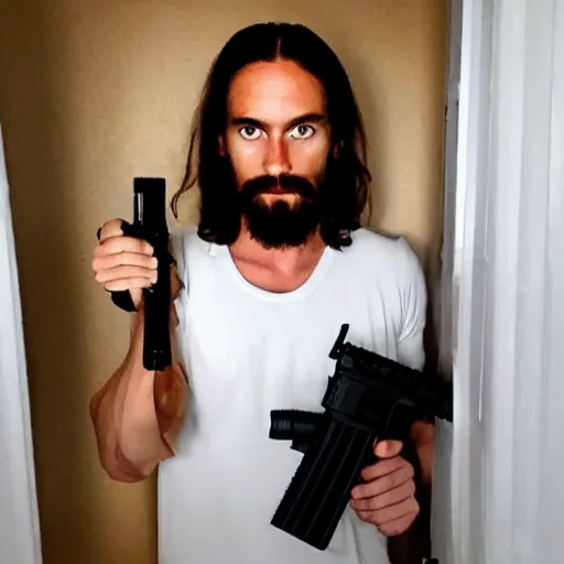 Image similar to jesus christ posing on instagram in his bathroom with an m 1 6