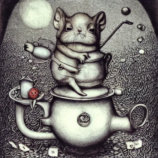 Image similar to dormouse from Alice in Wonderland poking its head out of the teapot, by Santiago Caruso, and M.C. Escher, fairy-tale illustration style, very detailed, colorful, beautiful, eerie, surreal, psychedelic