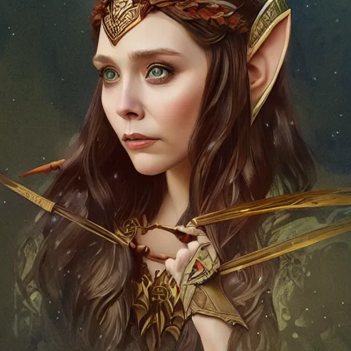 Image similar to Elizabeth Olsen as a elf archer, cute, fantasy, intricate, elegant, highly detailed, centered, digital painting, artstation, concept art, smooth, sharp focus, illustration, art by artgerm and H R Giger and alphonse mucha