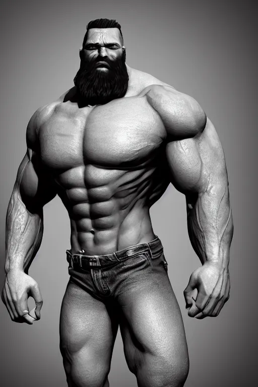 Image similar to a very muscular man with big beard wearing jeans, seductive pose, hyperrealistic, concept art, octane render, unreal engine 5, trending on artstation, high quality, highly detailed, stylish, elegant, path traced, black and white, realistic and detailed face, anatomically correct, five fingers, cinematic, high coherence, dramatic lighting, 8 k