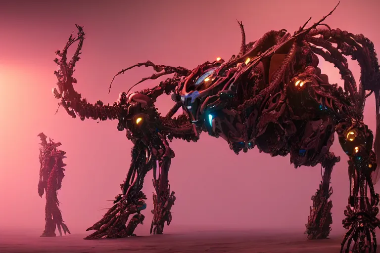 Image similar to a hyper detailed fanghorn evangelion realistic mechanical and organic creature similar look as horizon forbidden west horizon zero dawn, bioluminiscence in a dark deep forest at dawn in spring, with reflection and textures, by kilian eng, substance painter reaslitic mech surface metal painted scratches,