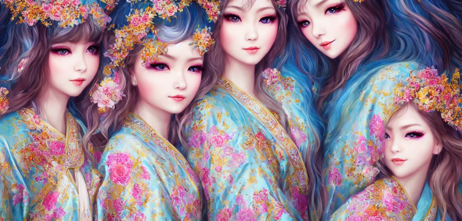 Image similar to two beautiful fashion siberian girls wear fantasy kimono in festival | | big eyes, sunny, dreamlike art, realistic shaded, smile, good looking, hyper details, 4 k realistic, cryengine, realistic shaded lighting poster by artgerm, ross tran, fuji choko, loish, 8 k resolution, trending on artstation, luxury