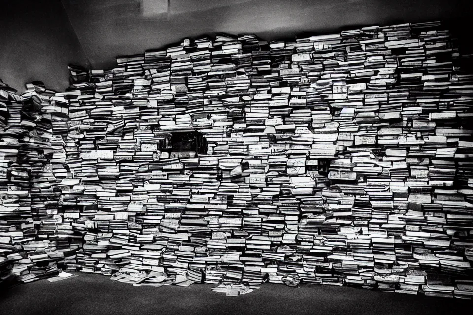 Prompt: a castle made of books, black and white photography