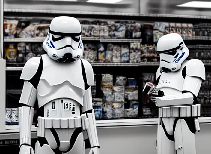 Image similar to film still of a storm trooper holding a cup of coffee in a convenience store working as a clerk in a convenience store checking out a storm trooper in the new Star Wars movie, 4k, black and white