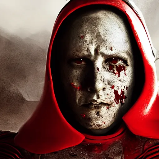 Image similar to portrait of a 5 0 year old soldier wearing blood - spattered glossy sleek white dinged scuffed armor and a long torn red cape, heroic posture, battle - weary, strained expression, determined expression, no helmet, on the surface of mars, dramatic lighting, cinematic, sci - fi, hyperrealistic, detailed