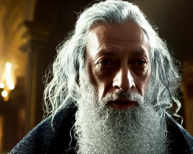 Image similar to jeff goldblum casted as dumbledore in a scene from harry potter