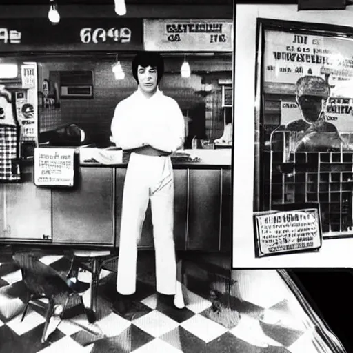 Image similar to 8 k vintage portrait photograph of bruce lee standing inside of a detailed and busy wafflehouse