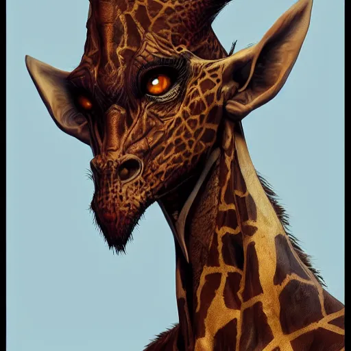 Image similar to beautiful full body portrait of a human - giraffe hybrid male wizard, scaley!! black onyx skin, by wlop and artgerm, steampunk fiction, detailed deep black eyes, space background, trending, on artstation.