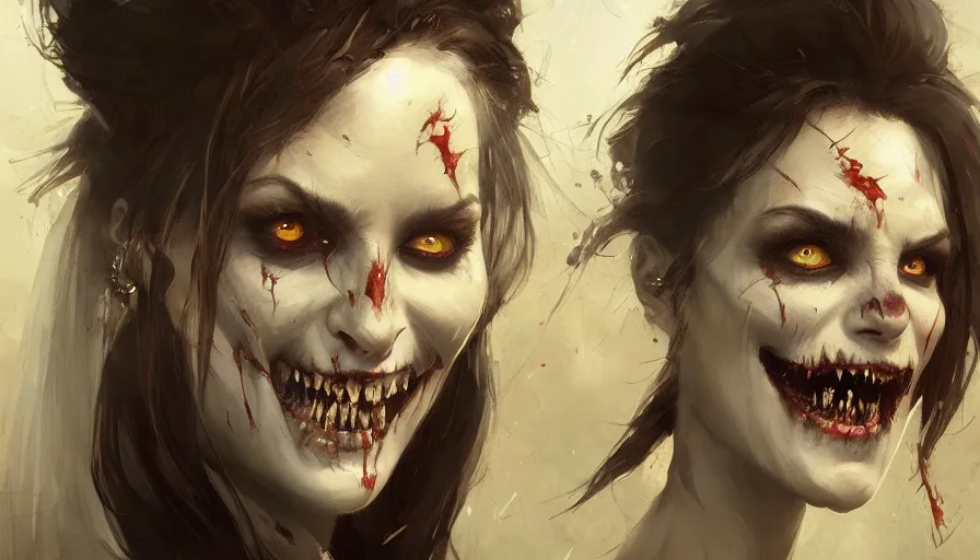 Image similar to A beautiful painting of Josie Maran as a undead smiling fanged vampire by greg rutkowski and Kalin Popov , Trending on artstation HD.