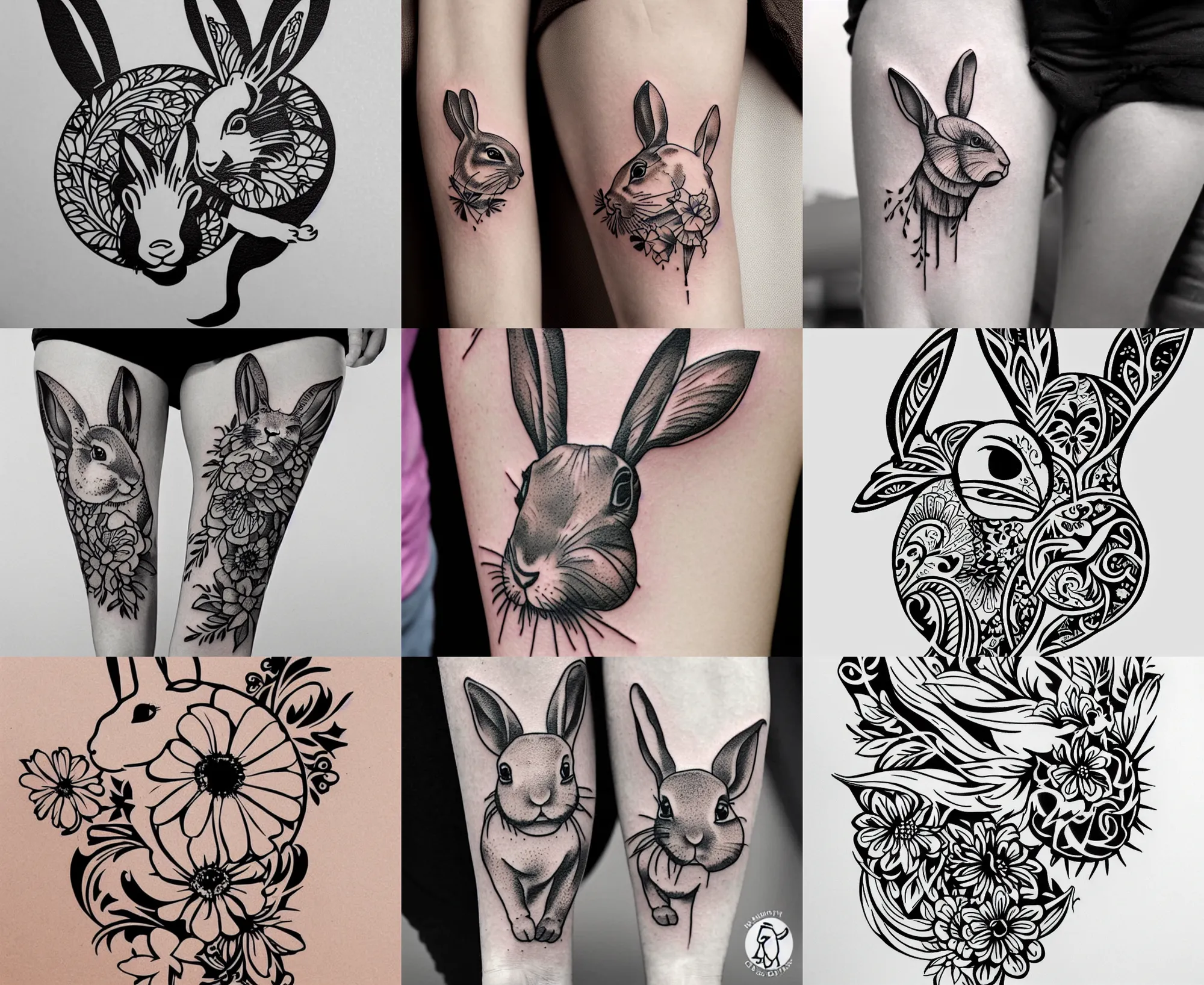 Prompt: tattoo stencil floral, rabbit