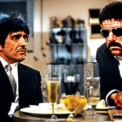 Prompt: tony montana from scarface (1983) and walter white discussing business at a dinner table, painting