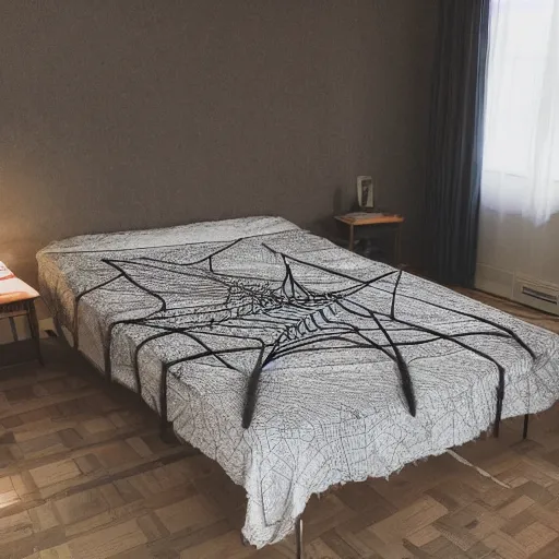 Image similar to bed made entirely of spider webs. pillow made of spider webs. blanket made of spider webs. detailed beautiful photography. intricate. photorealistic.