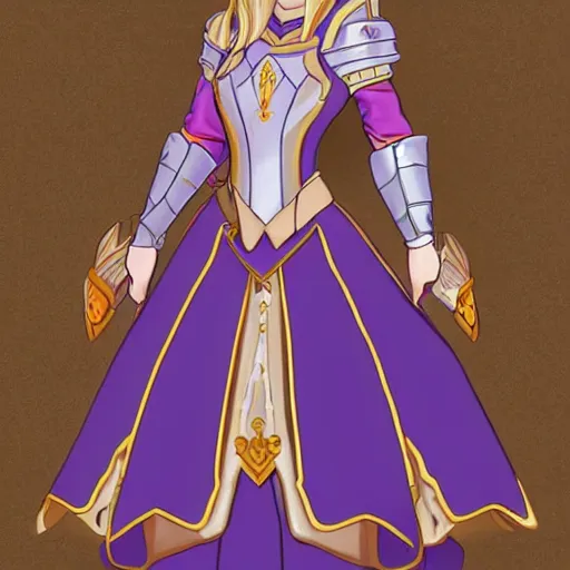 Image similar to Alicia is an honorable Princess Knights. She has straight blonde hair, purple eyes and platinum armor. Alicia has a tiny blue skirt that's mere decoration, and some brown leggings.