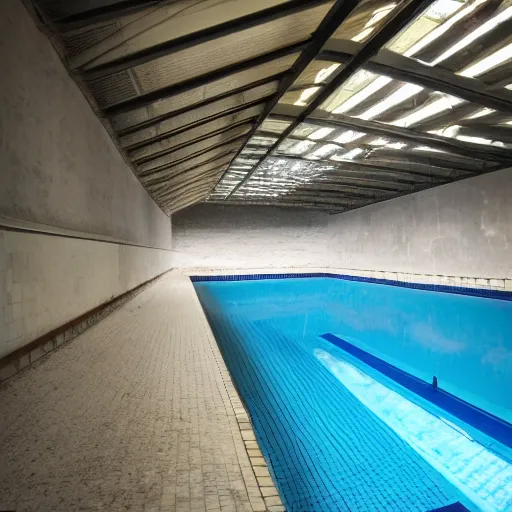 Image similar to a never ending empty pool, liminal space, found footage, sharp focus