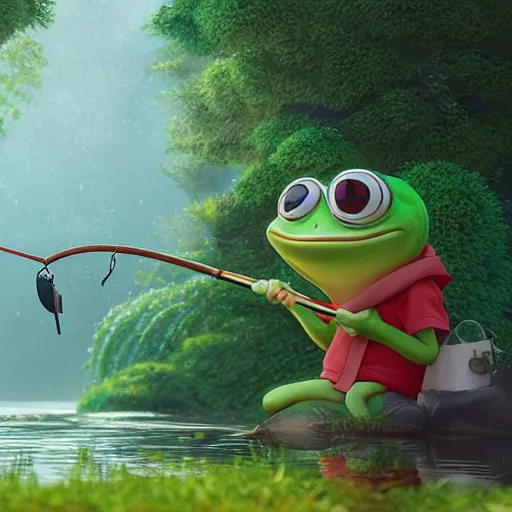 Image similar to a wholesome animation key shot of pepe the frog fishing in a pond, medium shot, studio ghibli, pixar and disney animation, sharp, rendered in unreal engine 5, anime key art by greg rutkowski, bloom, dramatic lighting