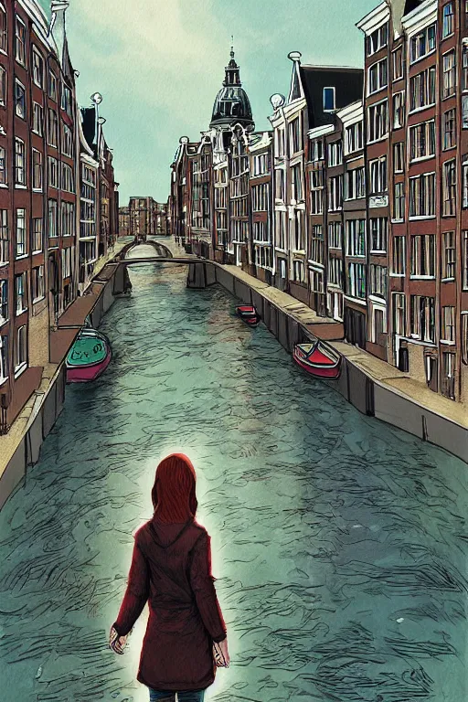 Image similar to alone in amsterdam, realistic, art by jacqueline e, color by tafy laplanche, background by bo feng lin