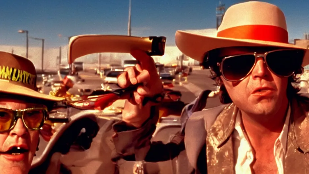 Prompt: still of fear and loathing in las vegas, 1 9 7 5, cinematic lighting, ultra realistic, panavision, wide screen, saturated color, seventies cinema, vintage science fiction cinema